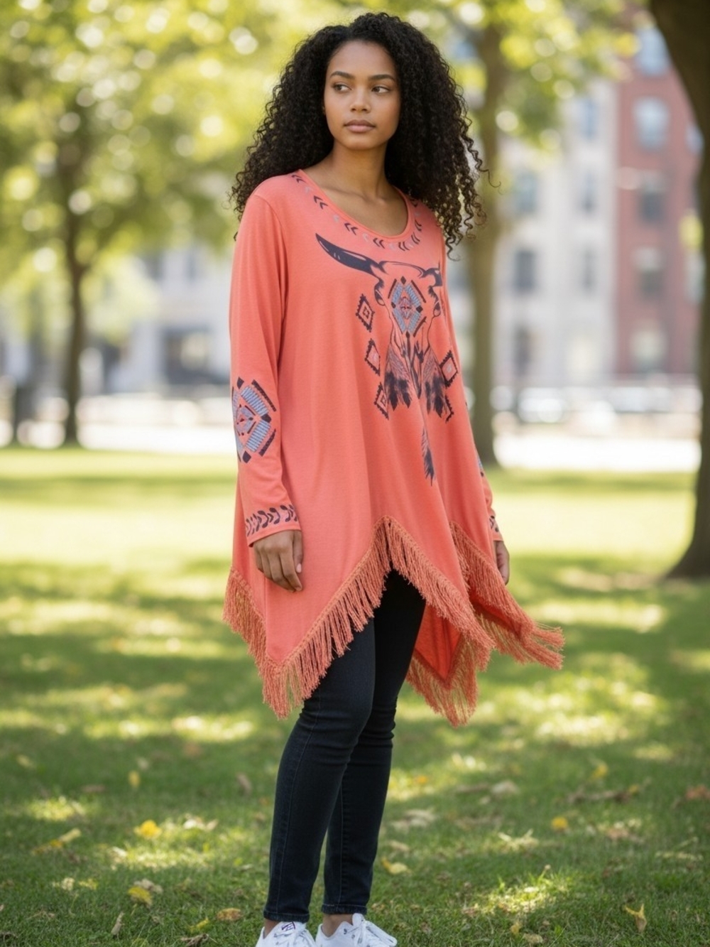 Fringed Coral Aztec-Print Poncho Tunic